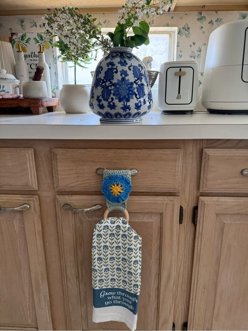 Handmade Blue Floral Kitchen Towel with Wooden Ring Holder - Picture 5 of 5